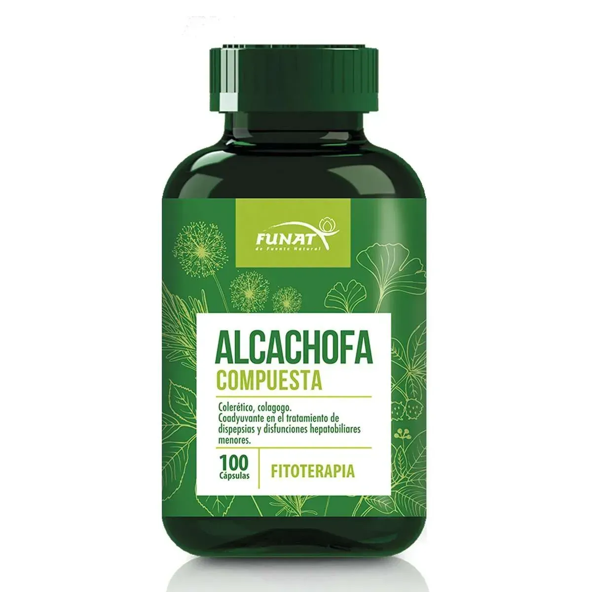 Frasco verde de Funat Alcachofa Compuesta, suplemento herbal con etiqueta blanca y verde.