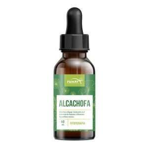 Frasco cuentagotas de color ámbar con la etiqueta “Alcachofa”, etiqueta verde y tapa negra.