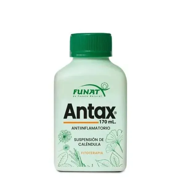 Antax, frasco antiinflamatorio de 170 ml con tapa verde y etiqueta blanca para suspensión de canola.
