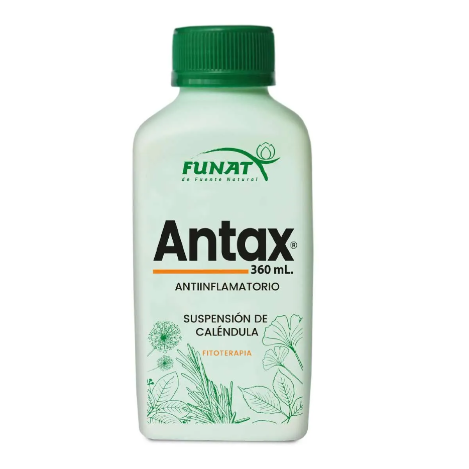 Frasco verde de Antax 360 ml suspensión antiinflamatoria de caléndula con tapón y etiqueta verdes.