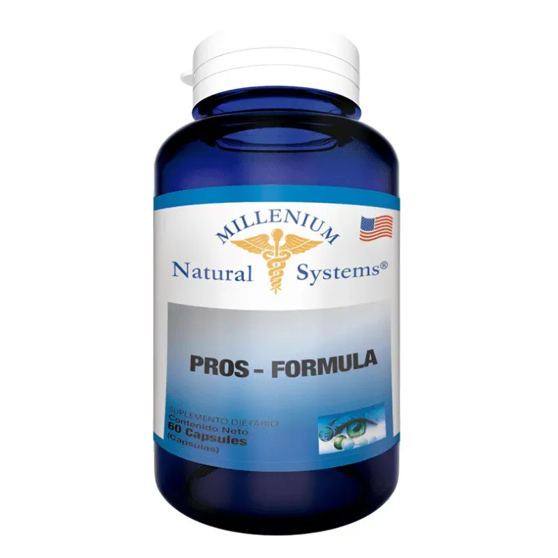 Frasco de suplemento azul con la etiqueta “Natural Systems PROS-FORMULA” y tapa blanca sobre fondo blanco.
