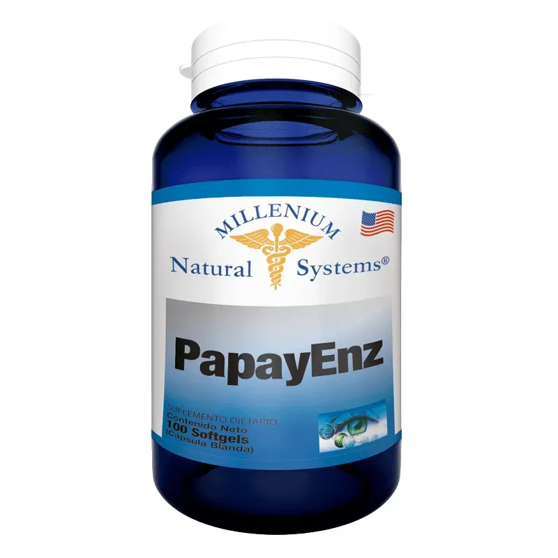 Frasco azul del suplemento PapayEnz de Millenium Natural Systems con tapa y etiqueta blancas.
