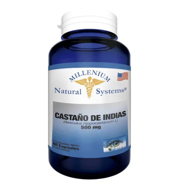 Frasco azul de suplemento Millenium Natural Systems Castilla de Indias 500 mg con tapa y etiqueta blancas.