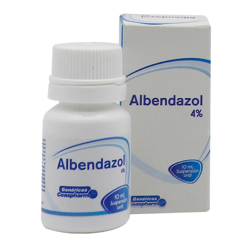 Frasco de medicamento Albendazol al 4% con tapa blanca junto a una caja a juego, envase azul y blanco.