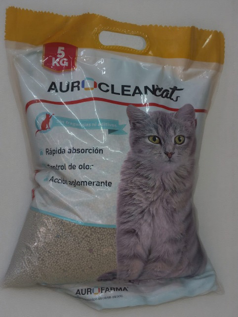Bolsa de arena para gatos AuroClean, 5 kg, con un gato gris en la parte frontal y texto en español.