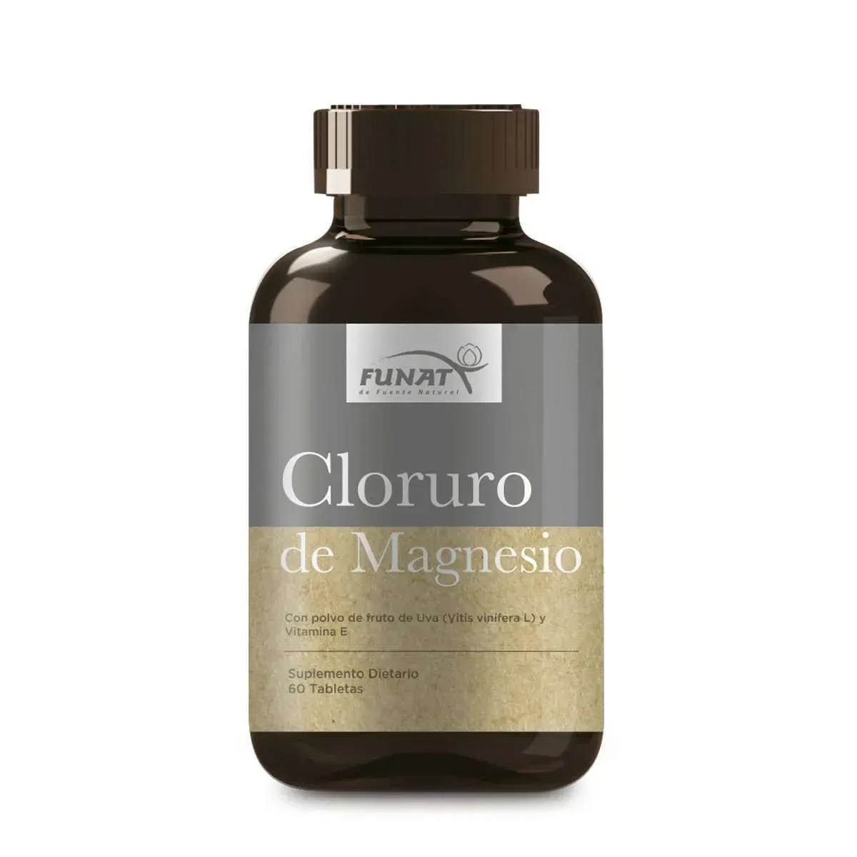 Botella marrón etiquetada como “Cloruro de Magnesio” sobre un fondo blanco.