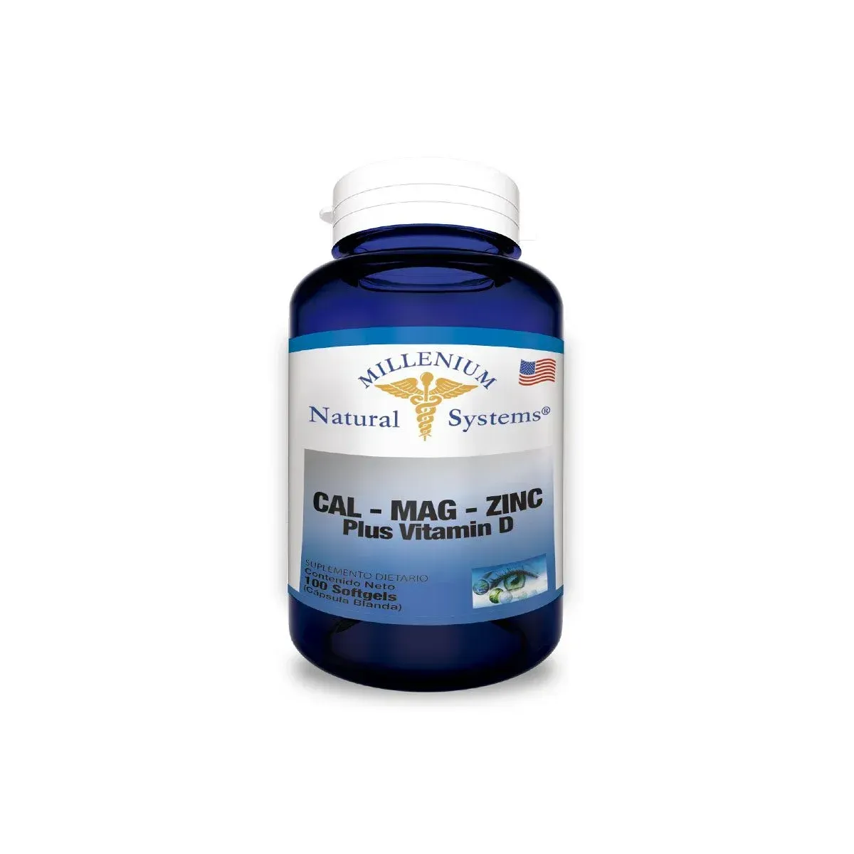 Frasco azul de suplemento etiquetado como Cal-Mag-Zinc más vitamina D sobre fondo blanco.