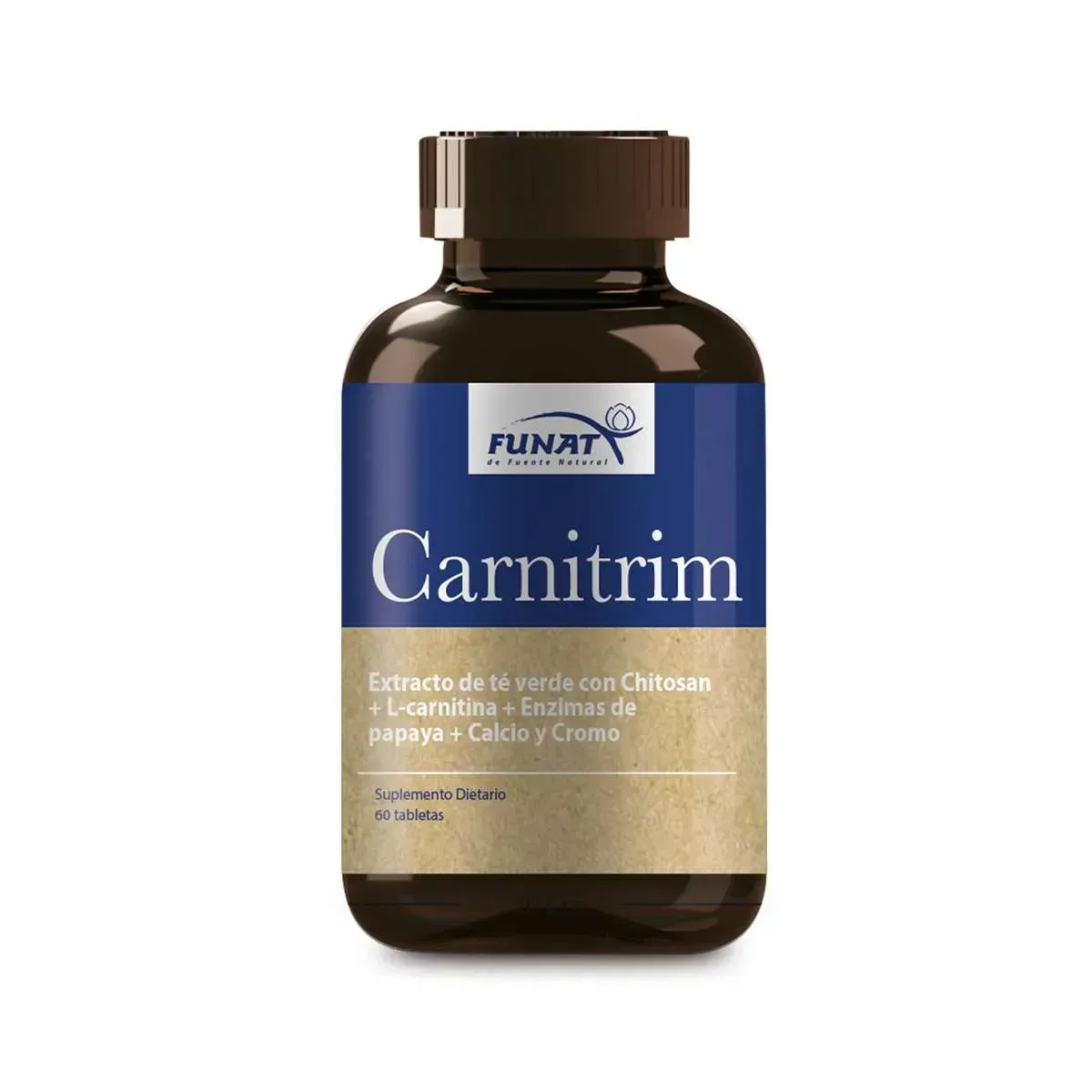 Frasco de suplemento marrón con etiqueta azul que dice “Carnitrim” y tapa color canela.