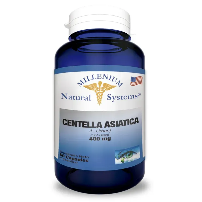 Frasco azul del suplemento de Centella asiática de Millenium Natural Systems con tapa y etiqueta blancas.