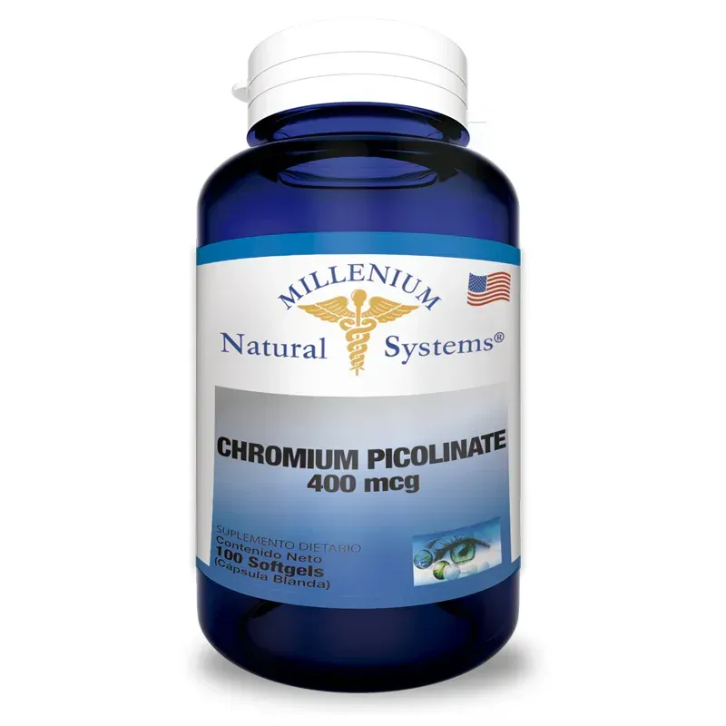 Frasco azul del suplemento de picolinato de cromo de 400 mcg de Millennium Natural Systems.