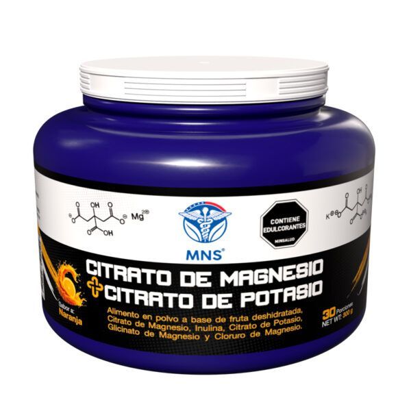 Frasco azul de Citrato de Magnesio y Citrato de Potasio con tapa blanca y etiqueta negra.