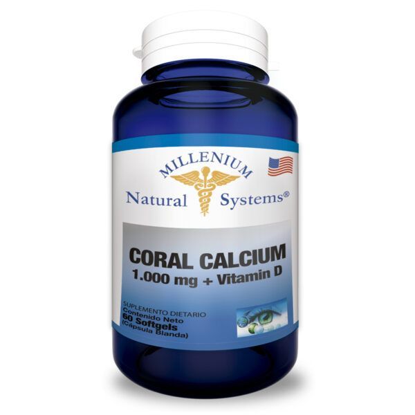 Frasco azul de suplemento de calcio de coral de 1000 mg + vitamina D de Millenium Natural Systems.