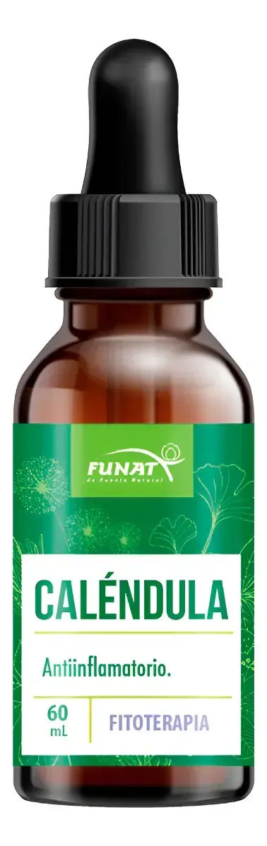 Frasco cuentagotas marrón con la etiqueta “CALÉNDULA” y una etiqueta verde sobre fondo blanco.