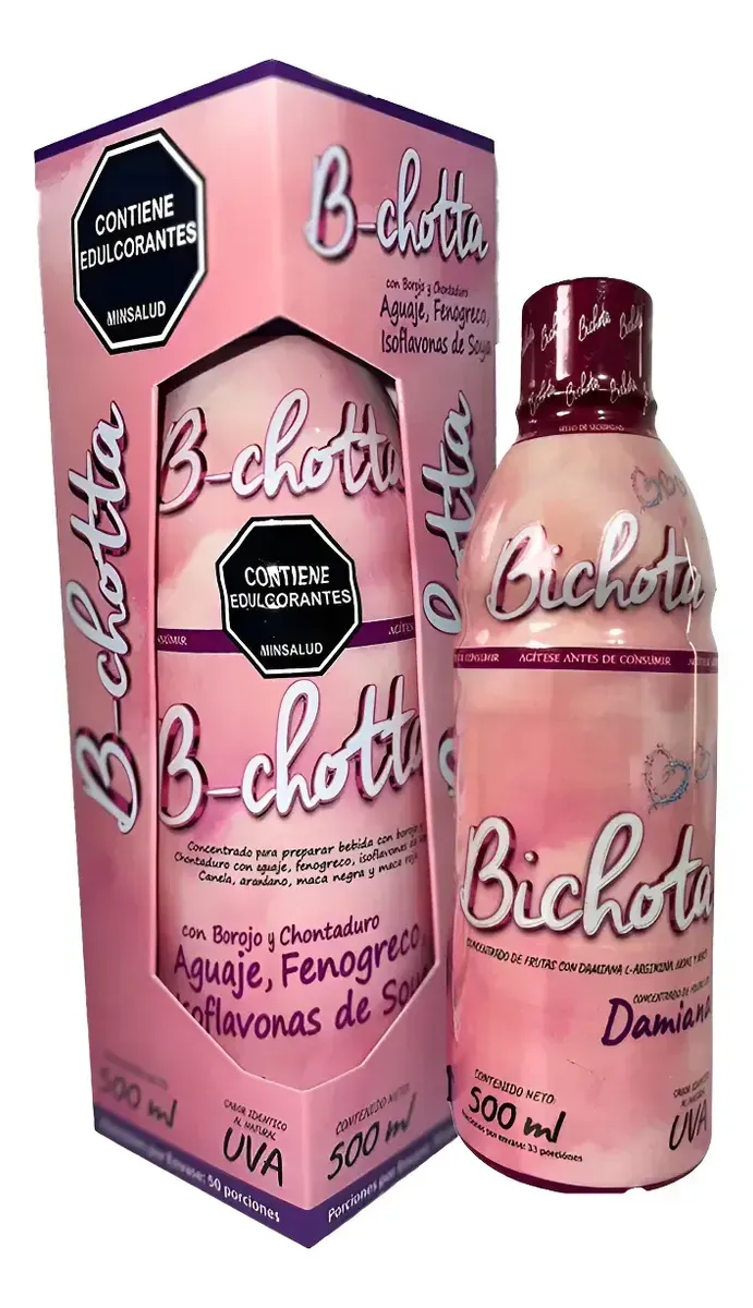 Frasco y caja de perfume Pink B-chic con tapón oscuro, mostrados sobre un fondo blanco.