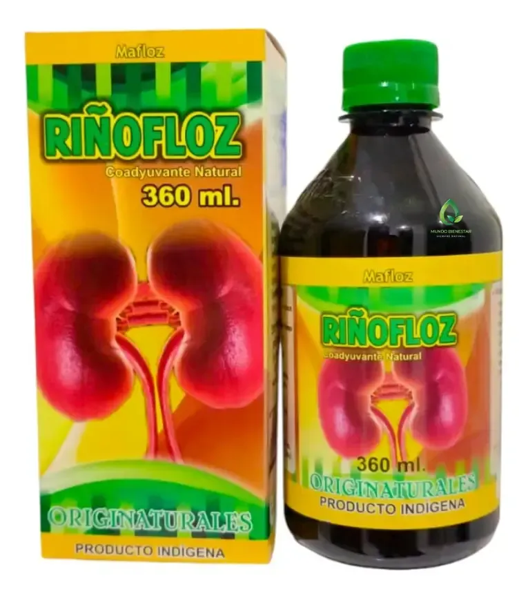 Caja y botella de suplemento herbal para los riñones Rinofloz con tapa verde, 360 ml, con imágenes de riñones.