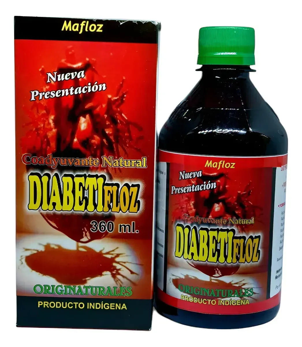 Botella y caja de jarabe de hierbas DIABETIRoz de color rojo con tapa verde sobre fondo blanco.