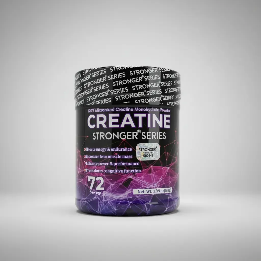 Frasco de suplemento Creatine Stronger Series negro y morado sobre fondo gris.