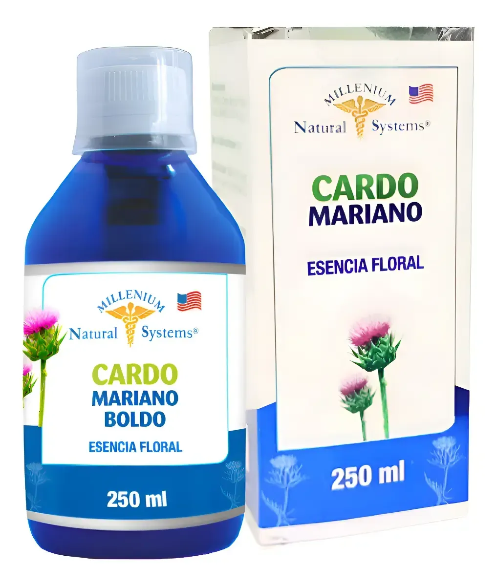 Frasco y caja azul de 250 ml de esencia floral Cardo Mariano con etiquetas blancas y gráfico de cardo rosa.