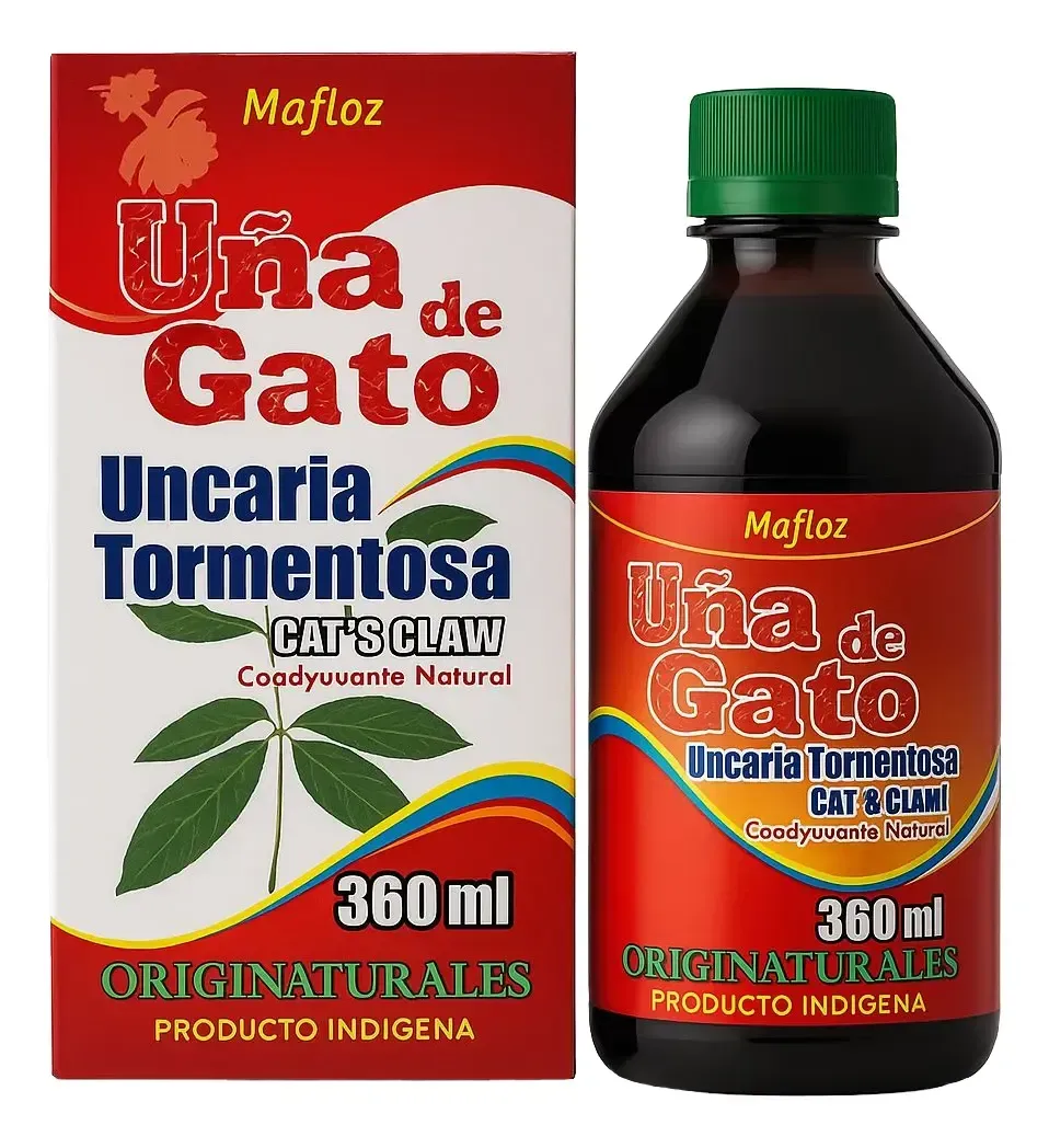 Dos frascos del suplemento Mafoz Uña de Gato Uncaria tomentosa, una caja y un frasco marrón con tapa verde.