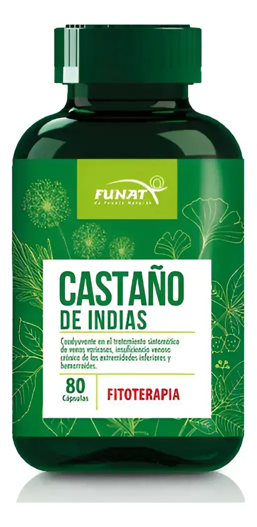 Frasco verde del suplemento fitoterapéutico Funat “Castaño de Indias” con etiqueta blanca y tapa verde.