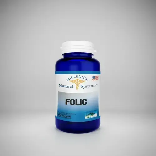 Frasco de suplemento azul con la etiqueta “FOLIC” y tapa blanca sobre fondo gris.