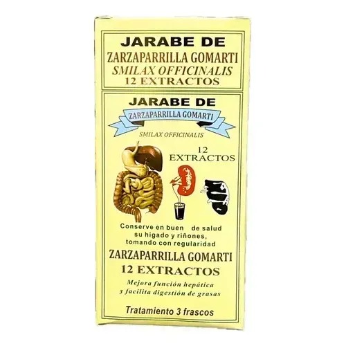 Caja amarilla de extracto de hierbas medicinales de Zarzaparrilla Gomarti con texto en español e ilustración de órganos.