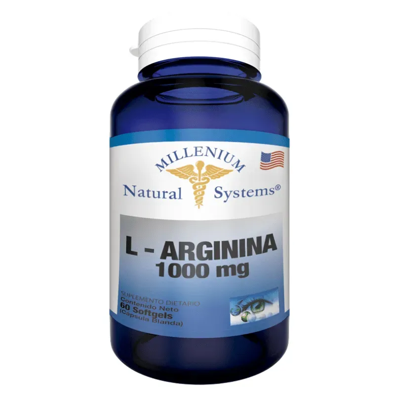 Frasco azul de suplemento de L-Arginina 1000 mg de Millenium Natural Systems con tapa blanca.