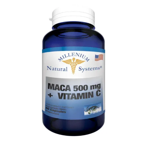 Frasco azul de suplemento de maca de 500 mg + vitamina C de Millenium Naturals con tapa blanca.
