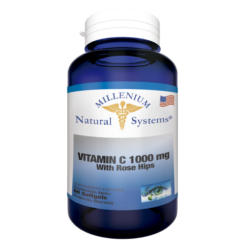 Frasco de vitamina C de 1000 mg de Blue Millennium Natural Systems con etiqueta de escaramujo.