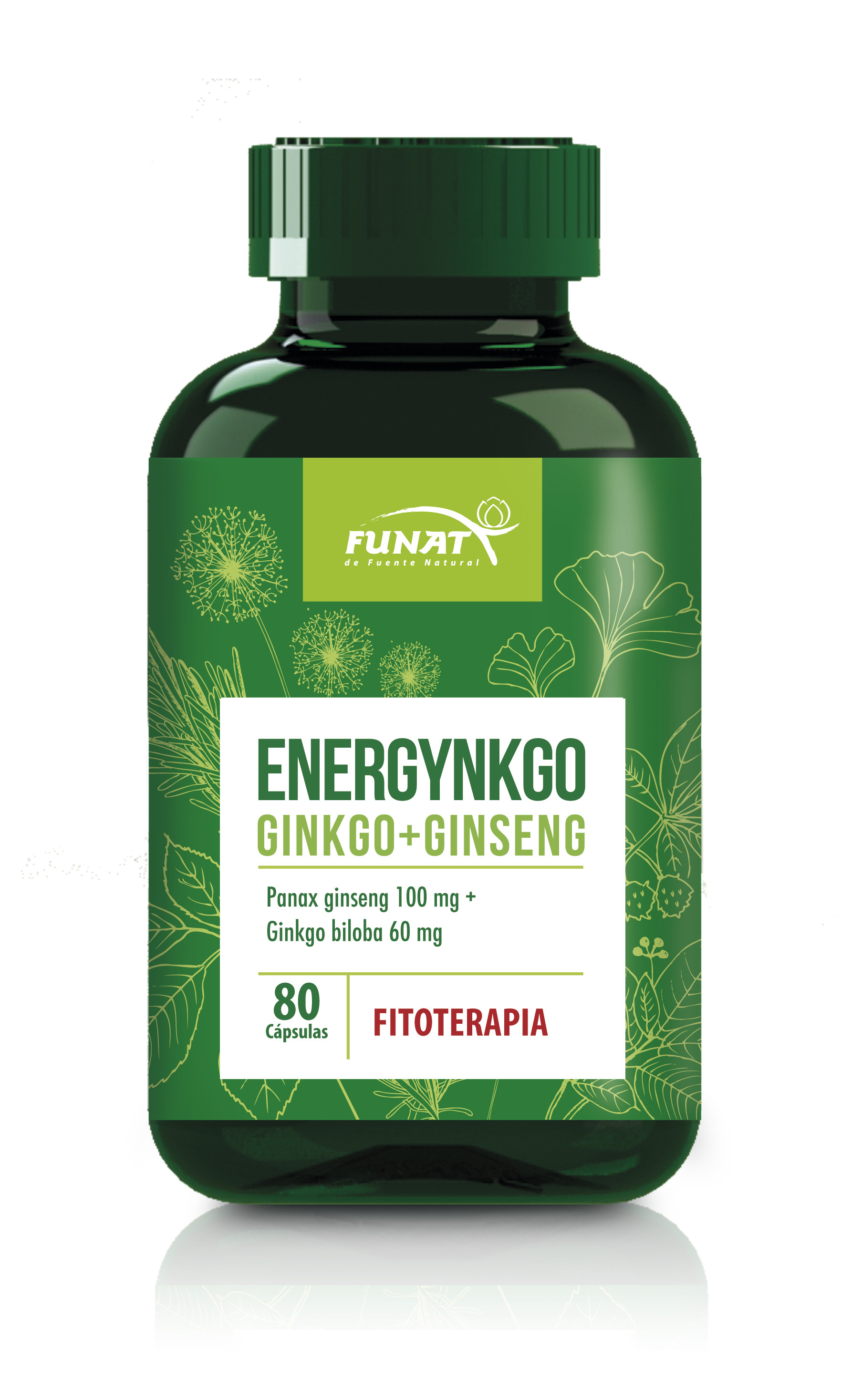 Botella verde del suplemento Energy NKO Ginkgo + Ginseng con etiqueta blanca y verde.