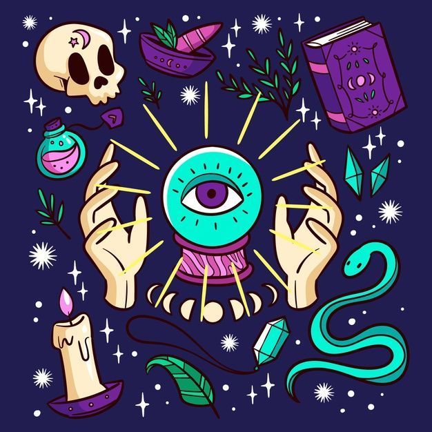 Ilustración mística y oculta con un ojo turquesa, bola de cristal, velas, calavera, frascos de pociones y manos.