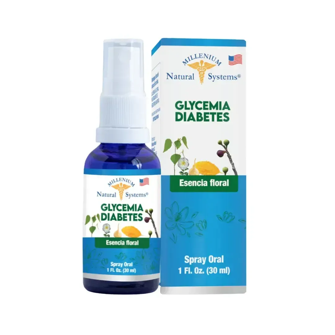 Frasco pulverizador azul y caja con la etiqueta “Glycemia Diabetes” con dibujos de plantas verdes,