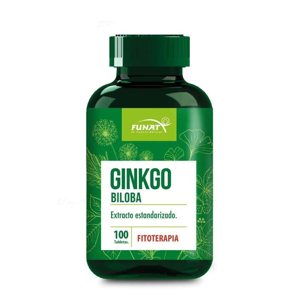 Frasco verde de suplemento Ginkgo Biloba Funat, con etiqueta blanca y verde
