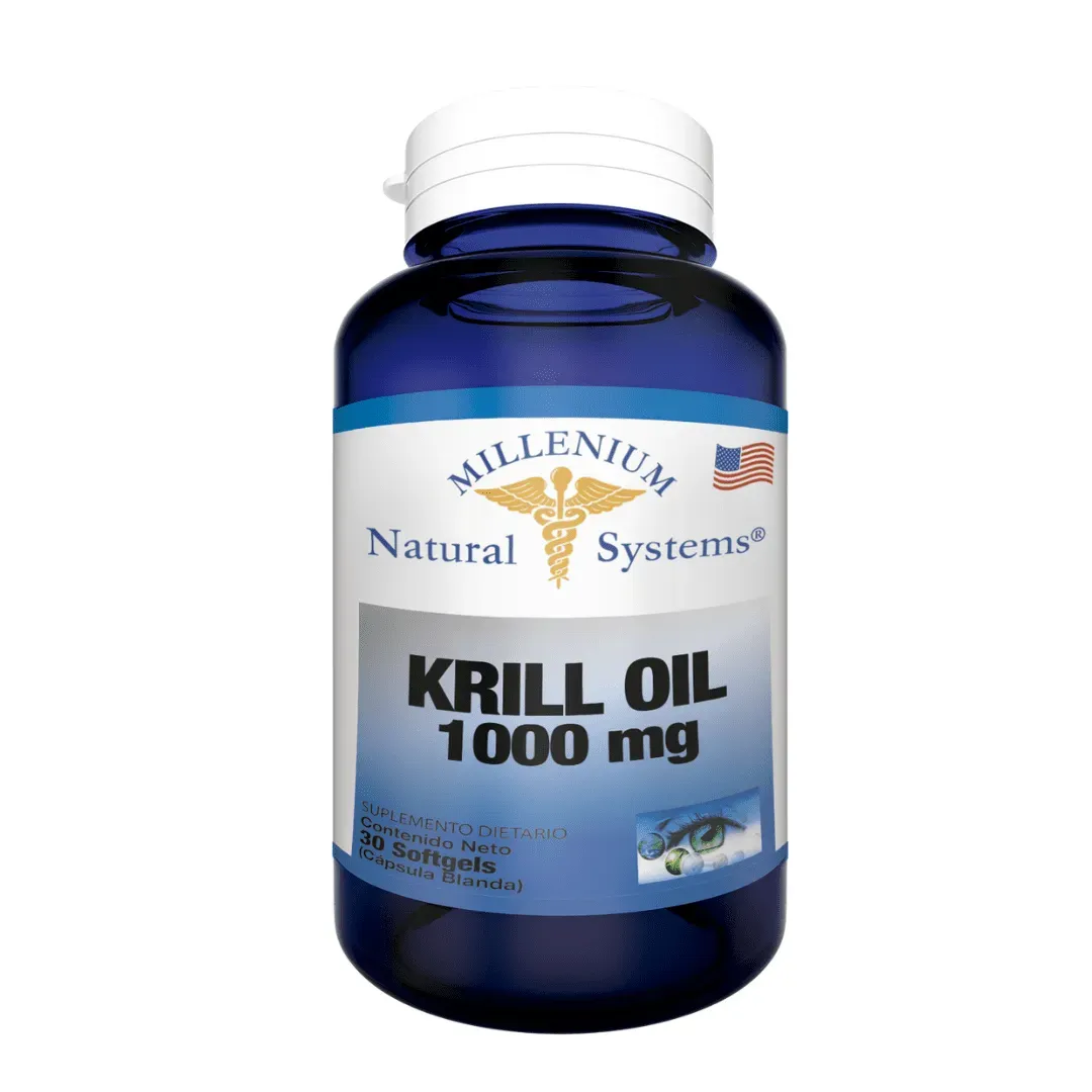 Botella azul etiquetada como “Aceite de Krill 1000 mg” de Millenium Natural Systems.