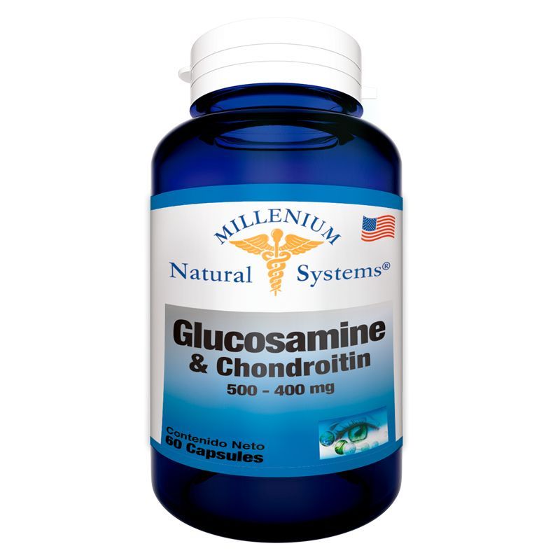 Frasco azul de suplemento dietético de glucosamina y condroitina de Millenium Natural Systems, 60 cápsulas.