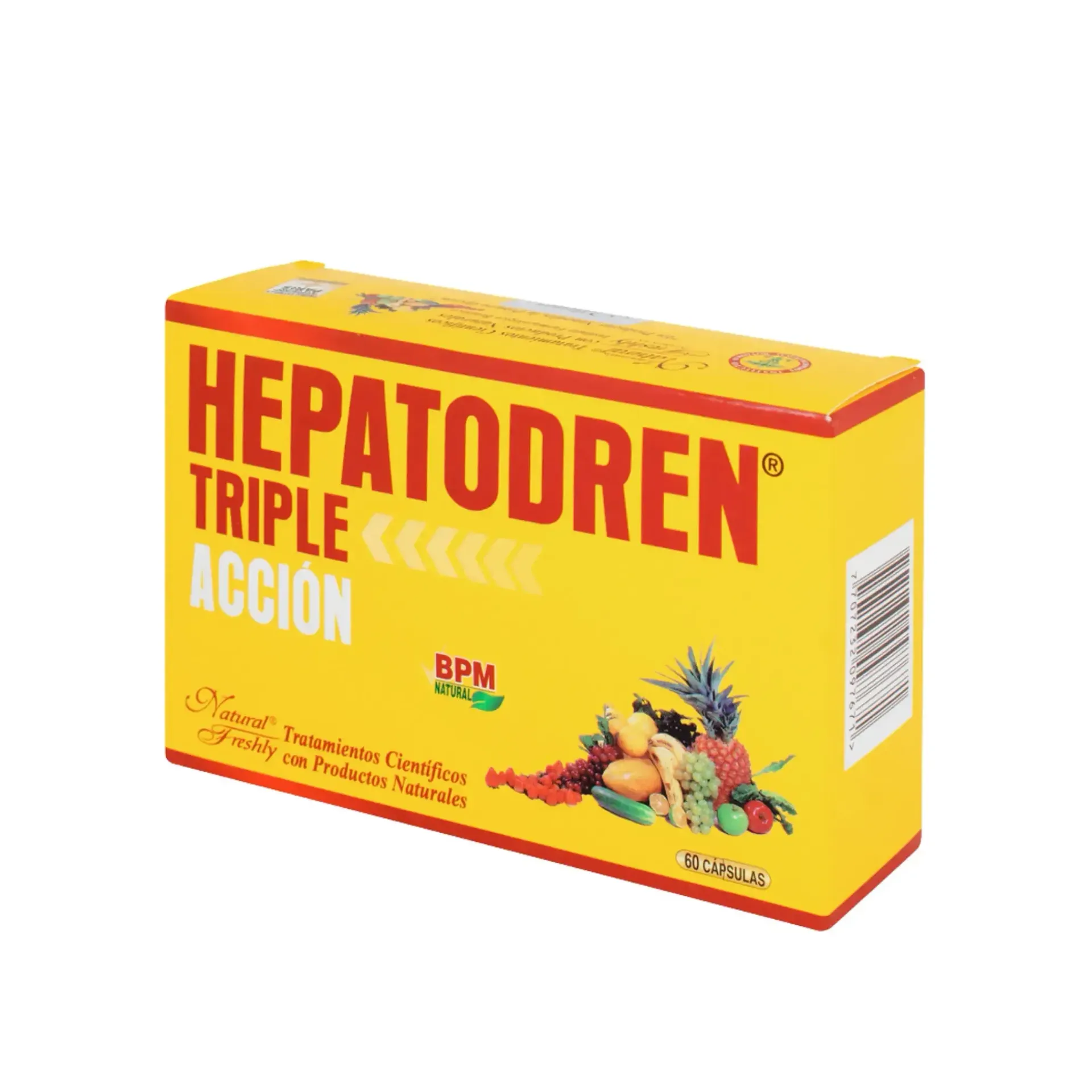 Caja amarilla del medicamento HEPATODREN Triple Acción con ilustración de fruta en la parte frontal.