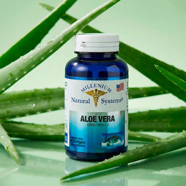 Frasco de suplemento de aloe vera azul con hojas de aloe verdes sobre un fondo verde claro.