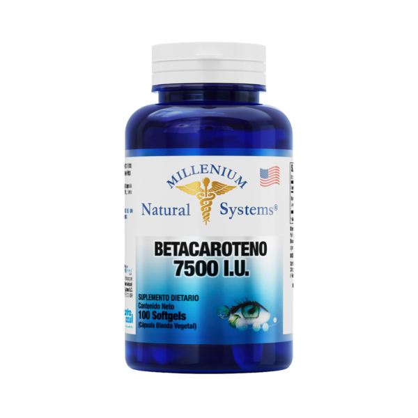 Frasco azul de suplemento de betacaroteno de 7500 UI de Millenium Natural Systems con tapa blanca.