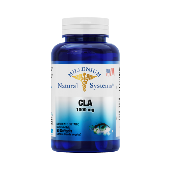 Frasco azul de suplemento dietético CLA 1000 mg de Millenium Natural Systems con tapa blanca.