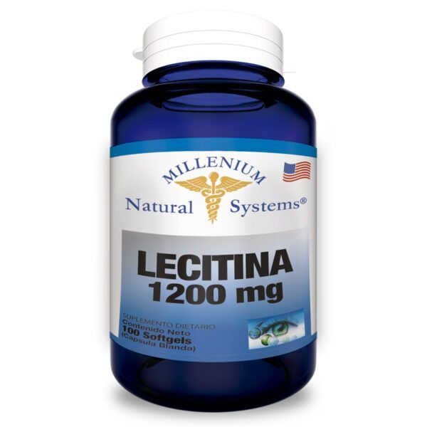 Frasco azul de suplemento LECTINA 1200 mg de Millenium Natural Systems con tapa blanca.