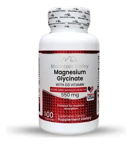 Frasco de suplemento de glicinato de magnesio Mountain Valley, etiqueta blanca y granate, 100 cápsulas, 550 mg.