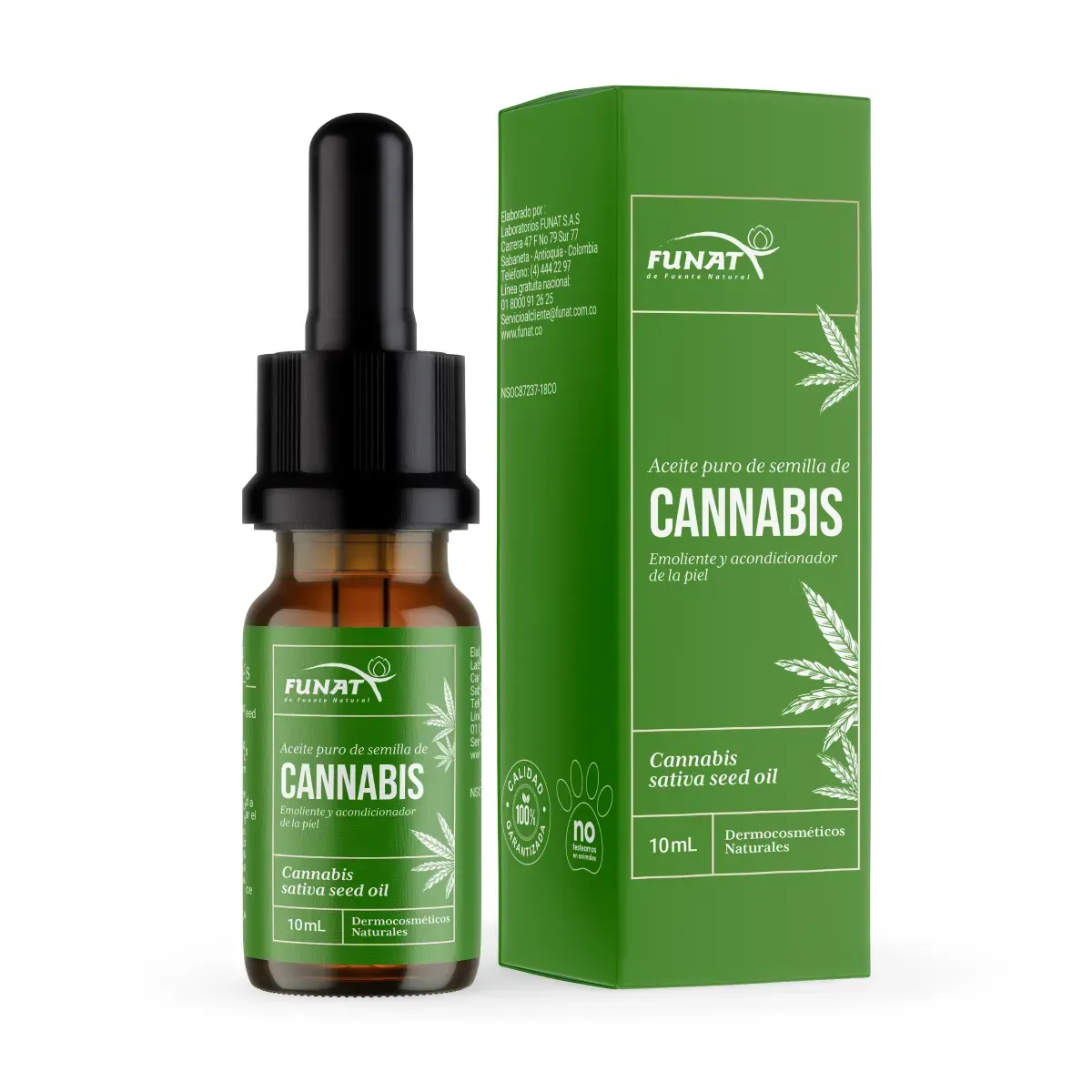 Frasco cuentagotas de aceite de cannabis verde con caja a juego sobre fondo blanco.