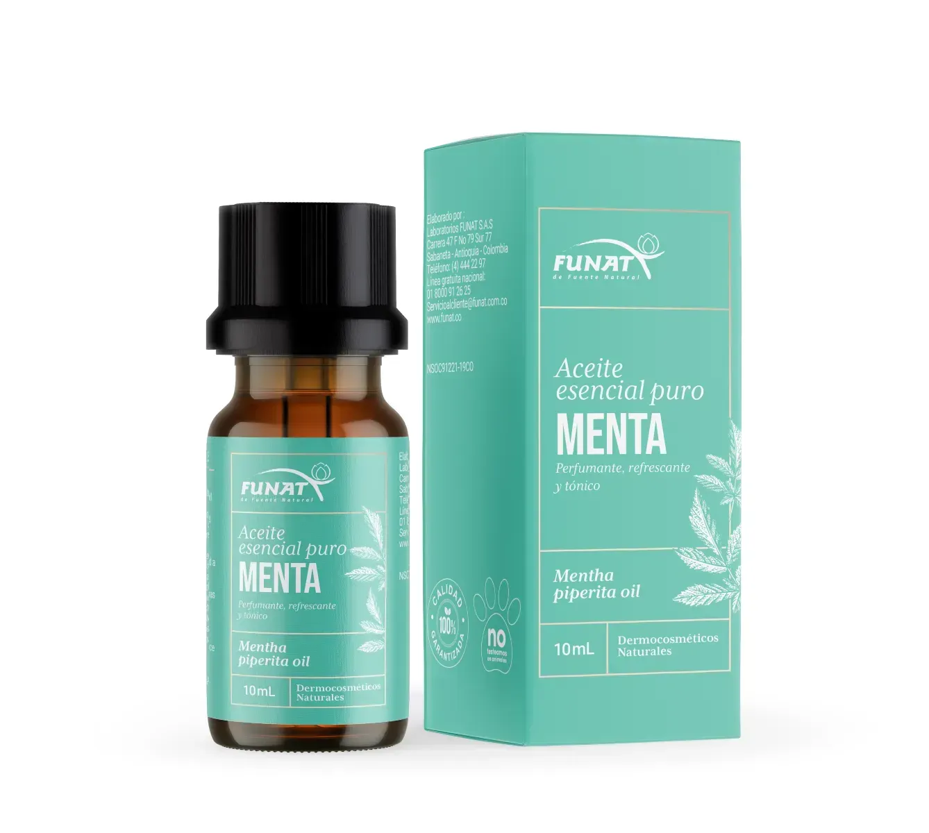 Botella de aceite esencial de menta y caja de embalaje turquesa sobre fondo blanco.