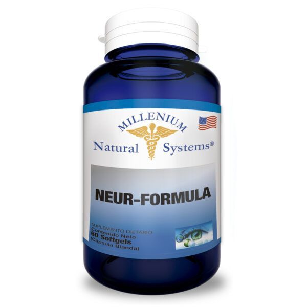 Frasco azul de suplemento con la etiqueta “Neur-Formula” de Millenium Natural Systems.