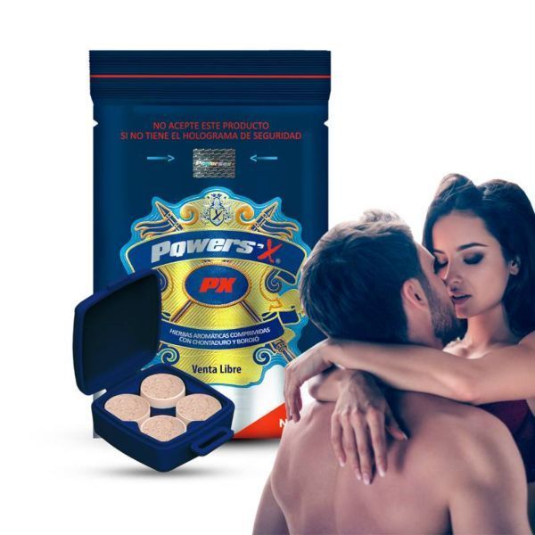 Envase azul con una bandeja de tabletas junto a una pareja que se abraza y se besa.