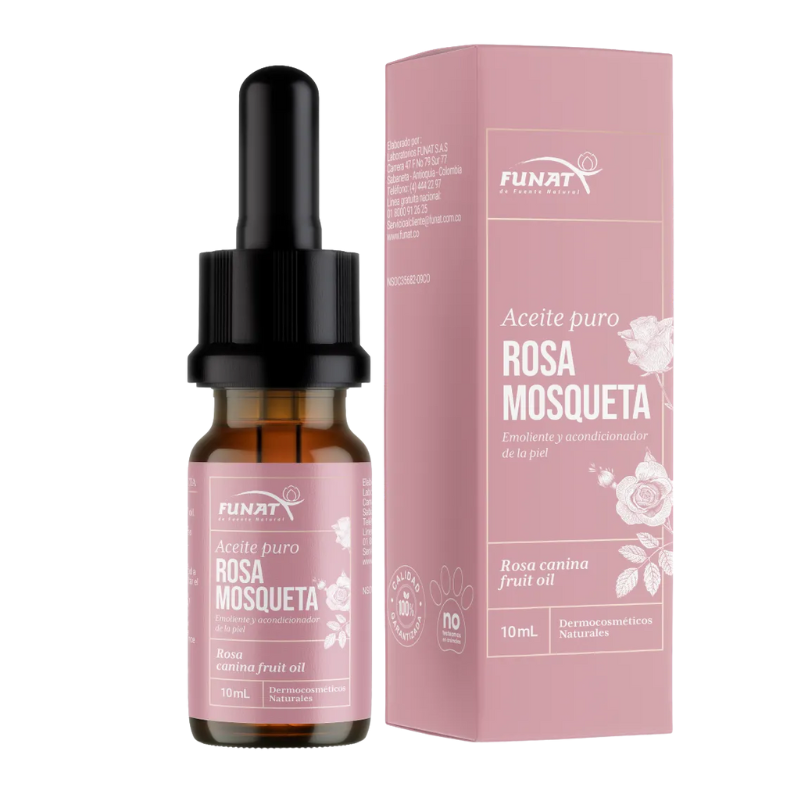 Frasco cuentagotas de aceite de rosa mosqueta y caja de producto rosa sobre fondo blanco.