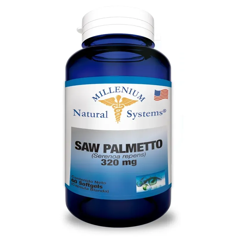 Frasco azul del suplemento Saw Palmetto de Millennium Natural Systems con etiqueta blanca y tapa plateada.