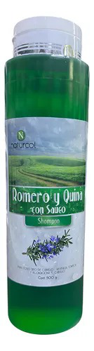 Botella de bebida herbal verde con la etiqueta “Romero y Quin”, con tapa blanca y una imagen de una ramita de lavanda.