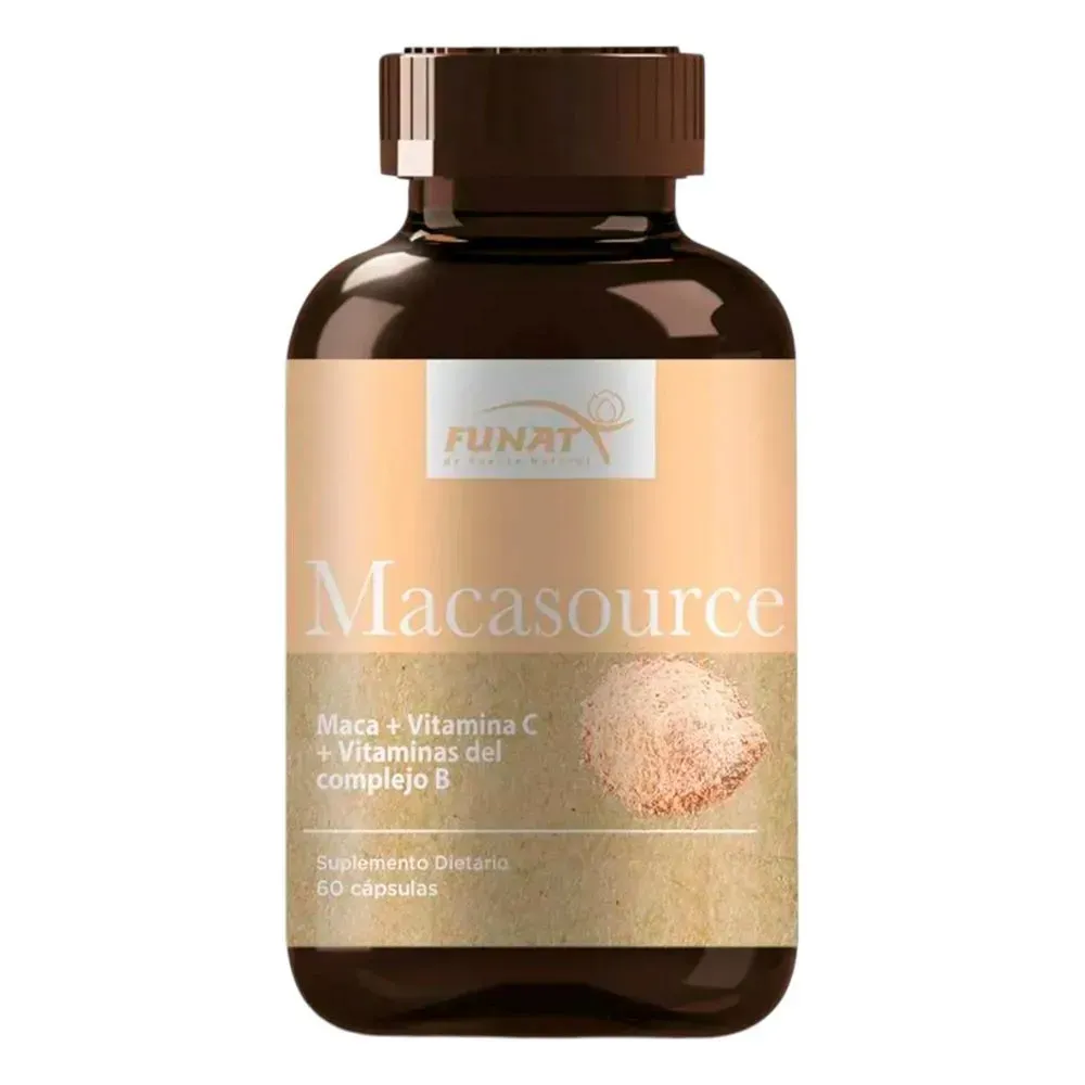 Frasco marrón del suplemento Macasource con etiqueta beige y tapa marrón sobre fondo blanco.