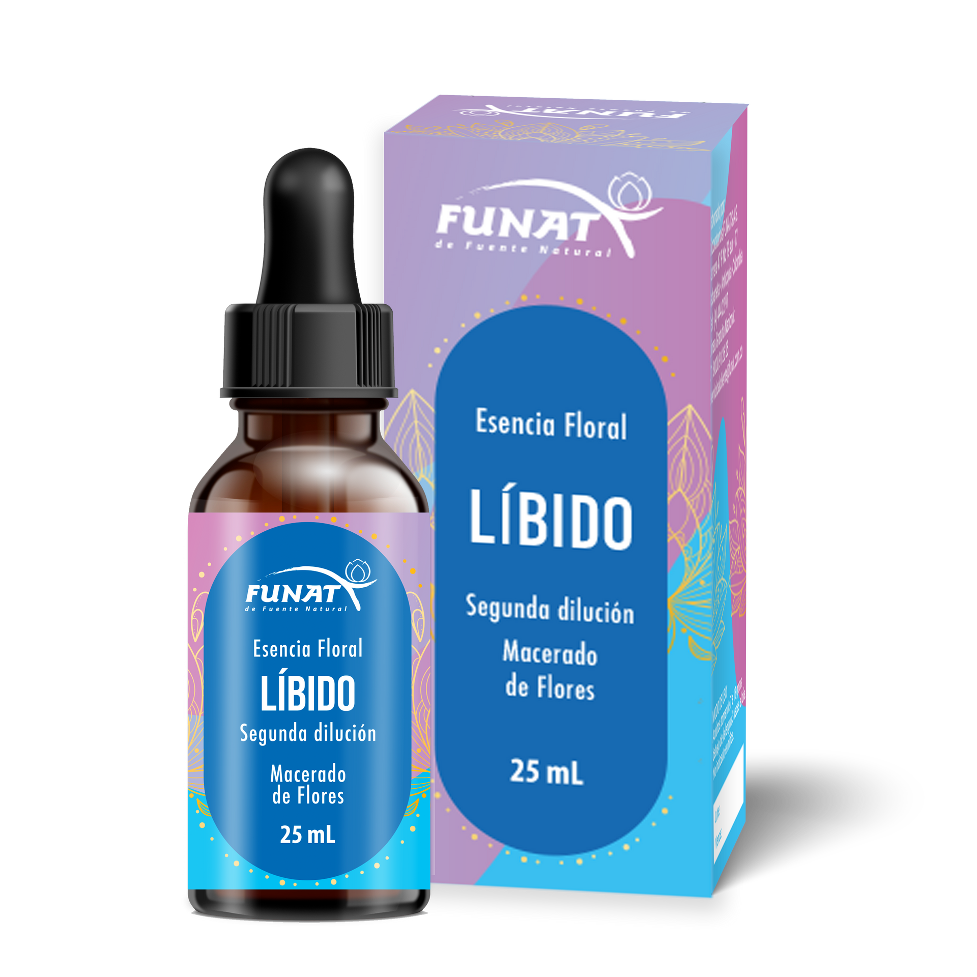Frasco y caja de esencia floral FUNAT Líbido, envase azul y morado, 25 ml.